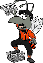 Buzz in a newsboy outfit holding a copy of the index