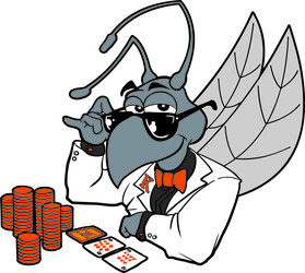 Buzz in a casino dealer outfit with poker chips