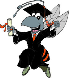 Buzz in a graduation cap and gown 